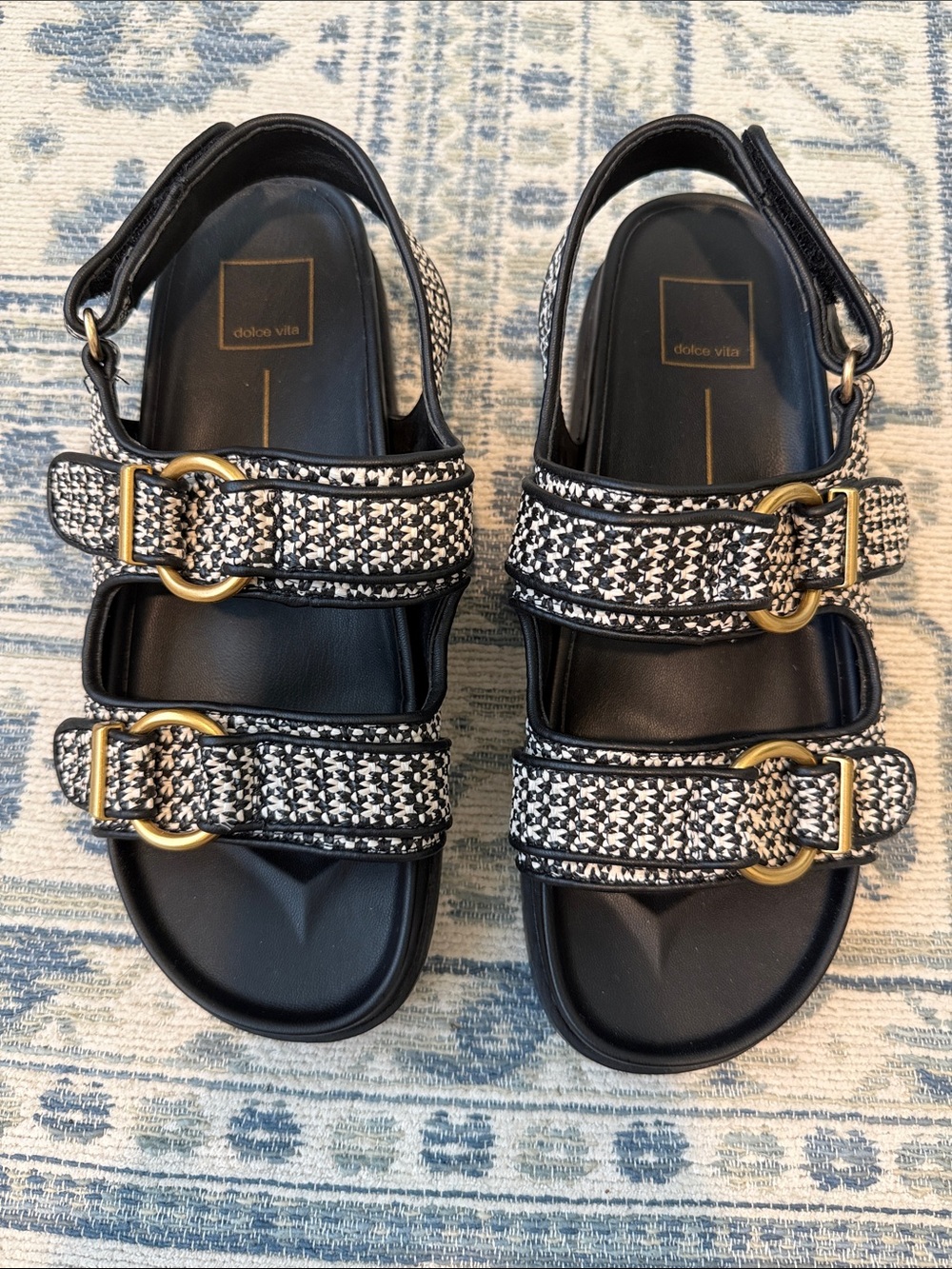 Dolce Vita Black & White Tweed Buckle Strap Sandals